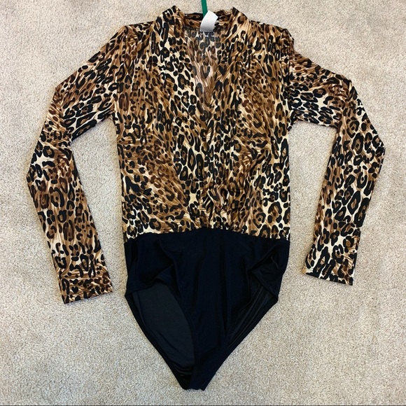 Codigo Brown leopard cheetah animal print longsleeve deep-V bodysuit size medium - Picture 4 of 13